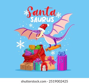 Navidades dinosaurio Santa o Santasaurus pterodactyl con regalos en bolso, Vector de dibujos animados. Feliz Navidades saludos con divertido lagarto de dino jurásico con regalos de caramelo en envoltura con cintas y copos de nieve