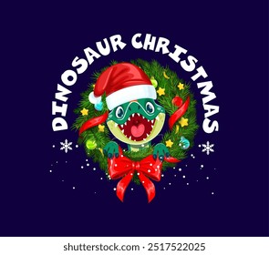 Christmas dinosaur Santa in wreath for greetings on winter holiday, cartoon vector. Funny Jurassic dino lizard with happy face muzzle in Christmas pine tree wreath with golden stars and snowflakes