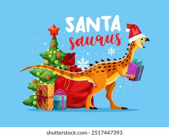 Navidades dinosaurio o Santasaurus dino Santa con regalos para saludos de vacaciones, Vector de dibujos animados. Divertido lagarto de dinosaurio jurásico o dinosaurio feliz con caja de regalo y árbol de Navidad con decoraciones de invierno