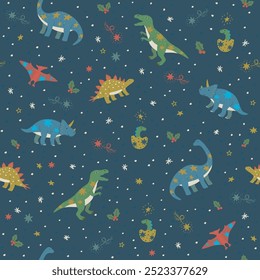 Christmas dinosaur seamless pattern, Cute and funny dinosaur with star hand drawn illustration.