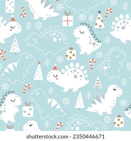 Christmas dinosaur seamless pattern, vector cute animals fabric pattern. Blue winter tree digital background