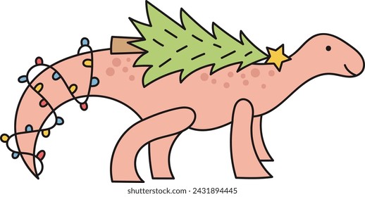 Dinosaurio de Navidad con ilustración vectorial de árbol