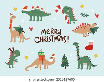 Christmas dinosaurs collection. Adorable Dinos in Christmas costumes and Christmas tree elements.	