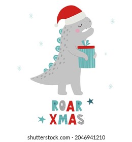 Christmas dinosaurs. Roar Xmas. Dino Xmas. Vector illustration of funny character in cartoon flat style. Vector hand-drawn color children's illustration. Baby print. Good for posters, textiles.