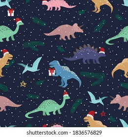 Christmas Dinosaurs seamless pattern. Colorful characters with Santa hats and gifts on a dark snowy background. Vector wrapping paper template.