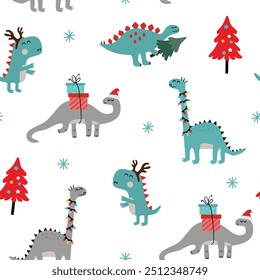 Christmas dinosaurs  seamless pattern. Cute Dinos in Christmas costumes and Christmas tree on white background.