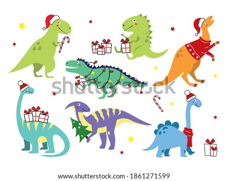 Christmas dinosaurs set. Collection of cute dinosaurs with gifts and Santa hats. Winter vacation. Colorful illustration for children.