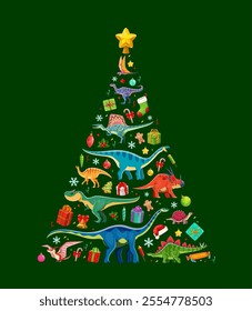 Christmas dinosaurs tree decorated with cartoon dino species, ornaments, festive stars, gifts, santa hats, petards and candy canes. Vibrant and playful vector holiday tree with fun prehistoric animals