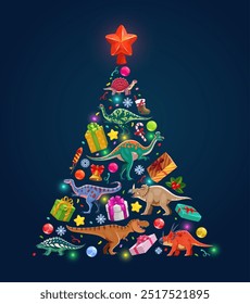 Christmas dinosaurs tree for winter holiday with Jurassic lizards and reptiles, vector banner. Christmas tree of dinosaurs, Santa gifts and decorations with funny T-rex, candy cane, sock and stars