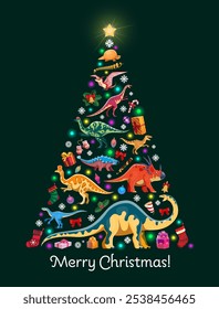 Christmas dinosaurs tree for winter holiday banner with prehistoric lizards, vector background. Merry Christmas greeting with decorations, gifts and dinosaurs or Jurassic lizard reptiles on fir tree