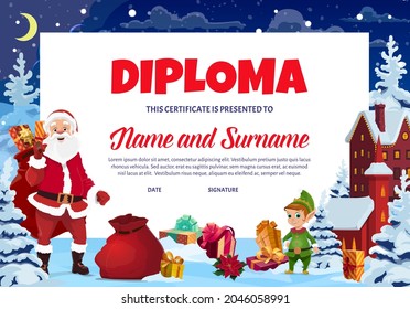 Diploma de Navidad para niños, certificado de fiesta infantil con personajes de dibujos animados de Santa y el elfo, cajas de regalos, vector de picor nevado. Diploma de graduación escolar infantil, invitación a celebrar jardines de infancia