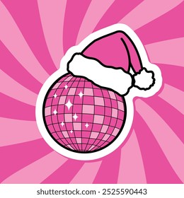 Christmas Disco ball with Santa hat on, retro groovy Christmas Party, vector illustration