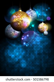 Christmas Disco Balls Background With Copy Space For Text, Party Concept, Invitation Mock Up 