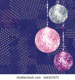 Christmas disco balls on abstract background with space for you text