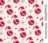 Christmas disco balls seamless pattern with Santa hats, snowflakes and starbursts in red and pink. For Wrapping paper, greeting cards and fabric
