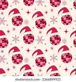 Christmas disco balls seamless pattern with Santa hats, snowflakes and starbursts in red and pink. For Wrapping paper, greeting cards and fabric