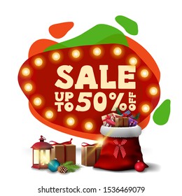 Christmas discount banner in the form of lava lamp with Santa Claus bag with presents. Christmas sale, up to 50% off, discount banner isolated on white background