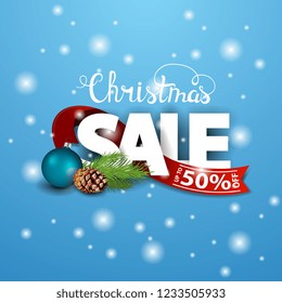 Christmas discount card with red ribbon and Christmas tree branch 