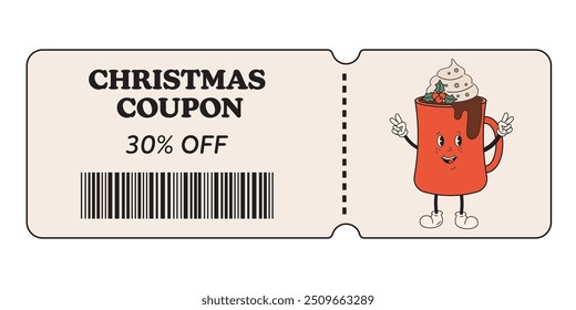 Christmas discount coupon with Hot chocolate, cocoa mug. Christmas coupon and voucher with discount for promo, advertising, sales, shopping, gifts, restaurants, cafes. Christmas sale, offer.