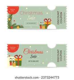 Christmas discount coupon, sale. Vector illustration of a retro-style holiday coupon with gift boxes, Christmas balls, a fir branch, isolated on a white background.