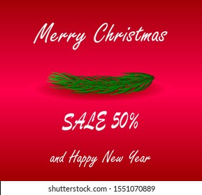 Christmas discount coupon (up to 50% off), banner, on a nice burgundy background with Christmas tree branches in the middle