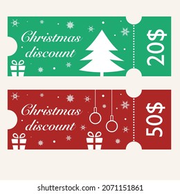 Christmas discount coupons with Christmas tree, decorations, gift box and snowflakes background.