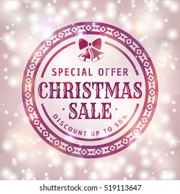 Christmas discount. Elegant card with shiny background and vintage typographic badge. Vector sale banner