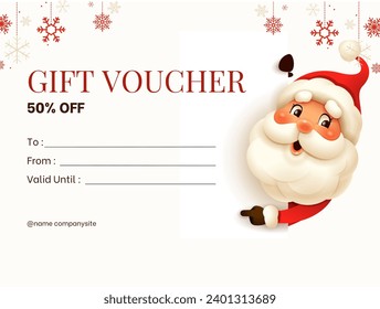 christmas discount gift voucher 50 percent off with santa claus and red snowflake decoration on white background