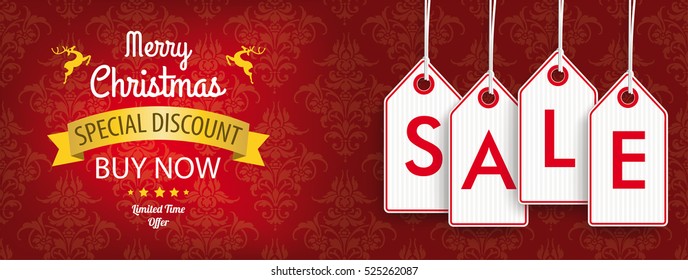 Christmas discount header with price stickers on the red background with ornaments. Eps 10 vector file.