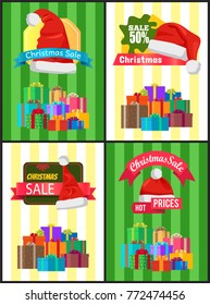 Christmas discount for holiday presents promotional posters with boxes in heap and Santa hat cartoon flat vector illustrations on striped background.