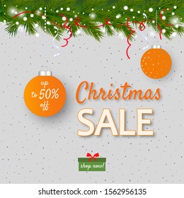 Christmas discount with orange balls. Vector illustration.