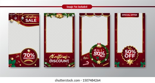 Christmas discount and sale with red background and gold elements for social media stories and advertisement template