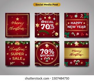 Christmas discount and sale with red background and gold elements for social media stories and advertisement post