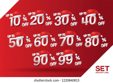 Christmas discount sale set 10,20,30,40,50,60,70,80,90,99 percent on red label set (vector) with hat santa claus. Winter holiday discount offer. Vector illustration isolated on red background.