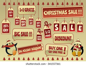 Christmas discount sale tags and labels set.Isolated vector illustration with two cute penguins