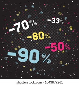 Christmas discount snowfall on dark background. Holiday sale offer on color snowstorm. Winter snow falling mockup. New Year shopping decoration