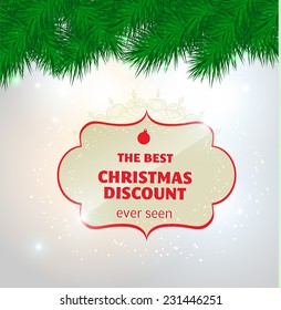 Christmas discount sticker with tree brunches. Holiday vector illustration