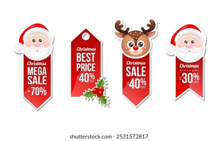 Christmas discount stickers with Santa Claus, Reindeer and Christmas tree. Design template for shopping sale, advertising. Vector illustration