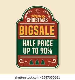 Christmas discount tag in a retro, vintage style. The tag is shaped like a traditional price tag, with a vibrant background adorned with subtle distressed textures to evoke a nostalgic feel. 