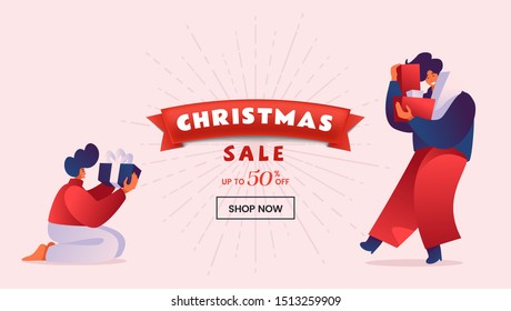 Christmas discount vector landing page template.  People holding wrapped gift boxes. Winter holidays 50 percent price reduction, special price advert for online store homepage design layout