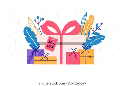 Christmas discount website sale banner with presents. Promotion of online store loyalty program, bonus, reward, discount card, coupon or voucher. Modern flat vector for ad