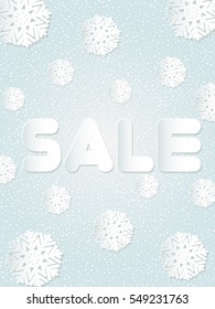 Christmas discount, winter sale, vector illustration with snowflakes, the effect of the cut paper
