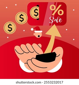 Christmas Discounts and New Year Sales. Santa use phone for sale promotion in app. Santa Claus celebrating luxury. Flat vector illustration.