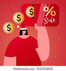 Christmas Discounts and New Year Sales. Santa Girl and sale card and golden coins. Flat vector illustration.