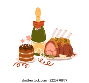 Christmas dishes, festive roasted pork ribs, champagne bottle and cake. Traditional holiday meal with meat and dessert for winter Xmas dinner. Flat vector illustration isolated on white background