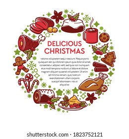 Christmas dishes and food, traditional meal for xmas. Banner with plates in circle, tea or coffee, pie with frosting, gingerbread cookies, ham and meat. Chicken and mistletoe menu, vector in flat