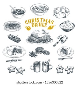 Christmas dishes hand drawn illustrations set. Traditional Xmas celebration cuisine black and white sketches collection. Turkey, main courses and desserts engravings isolated on white background