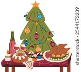 Christmas dishes on festive table near decorated Christmas tree. Traditional food, served dishes, drinks for winter feast on beautiful tablecloth. Christmas dinner with roast turkey, muffins, cake