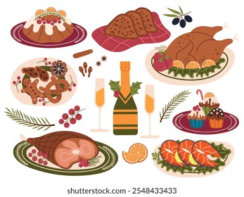 Christmas dishes on the festive table. Traditional food and drinks served during Christmas holidays. Christmas dinner with roast turkey, pork, pastries, champagne. Colored flat vector hand drawn