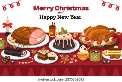 Christmas dishes on table. Cartoon winter holiday traditional meal with roasted turkey pork and vegetables, sweet holiday dessert. Vector illustration. Gingerbread cookies, cup with cocoa